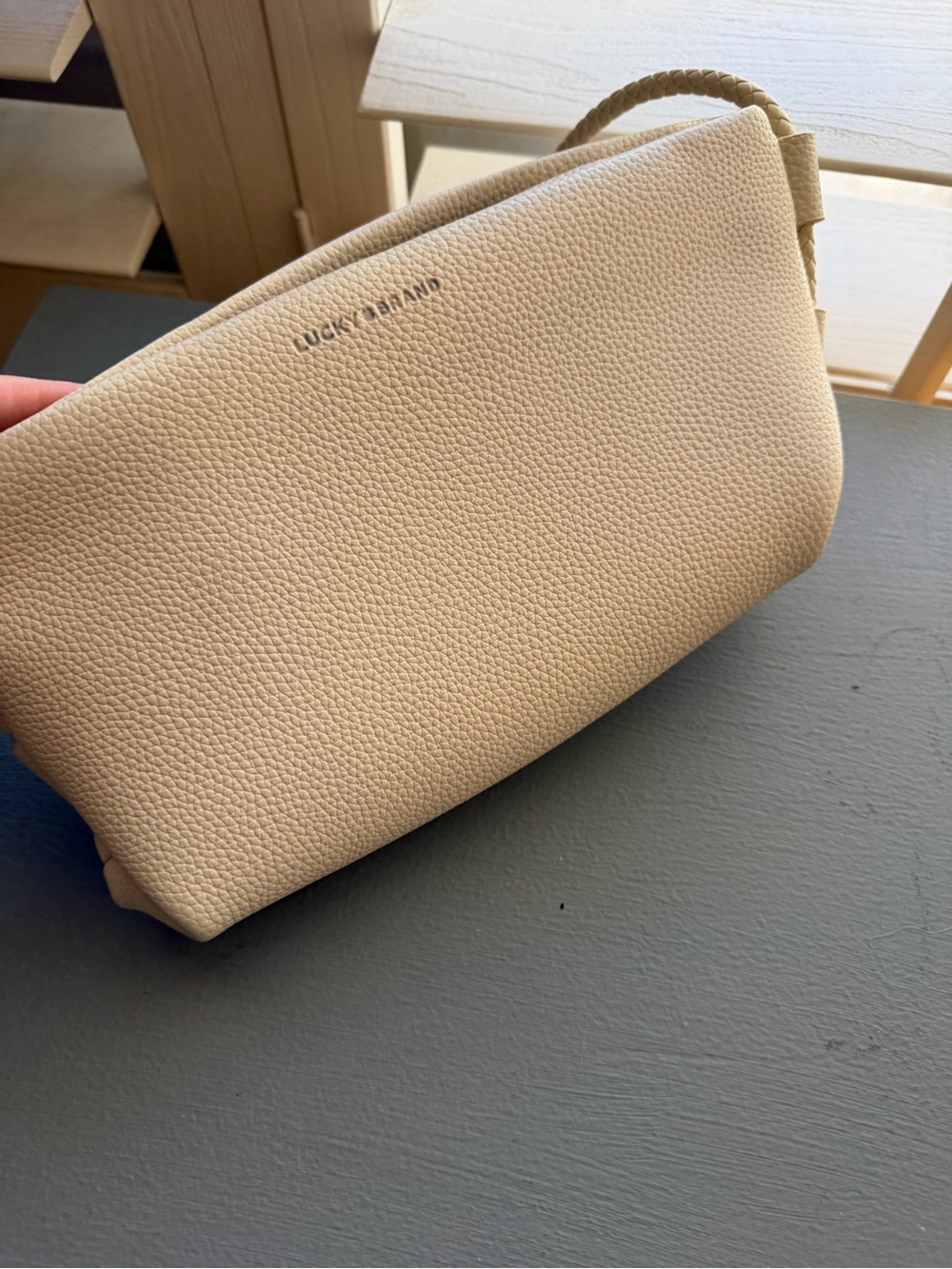 Lucky Brand Beige Pebbled Leather Cosmetic Pouch with Braided Strap
